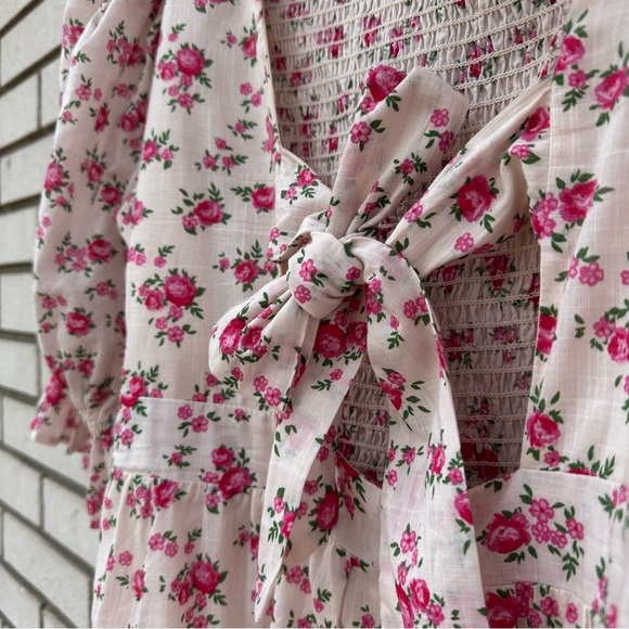 New Look Pink Floral Shirred Puff Sleeve Tie-Back Cotton Smock Mini Dress 14 - Picture 10 of 15